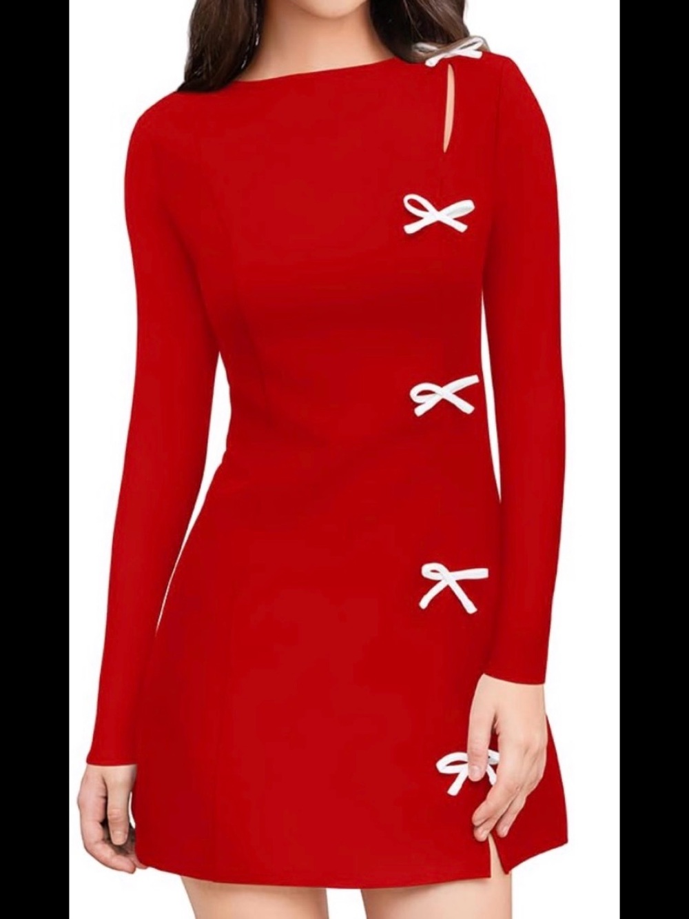 Red Long-Sleeve Bow Accent Dress